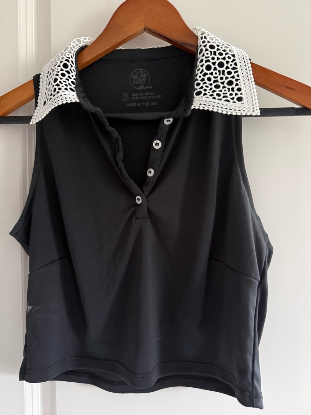 Black Sleeveless Top with White RBG Crochet Collar